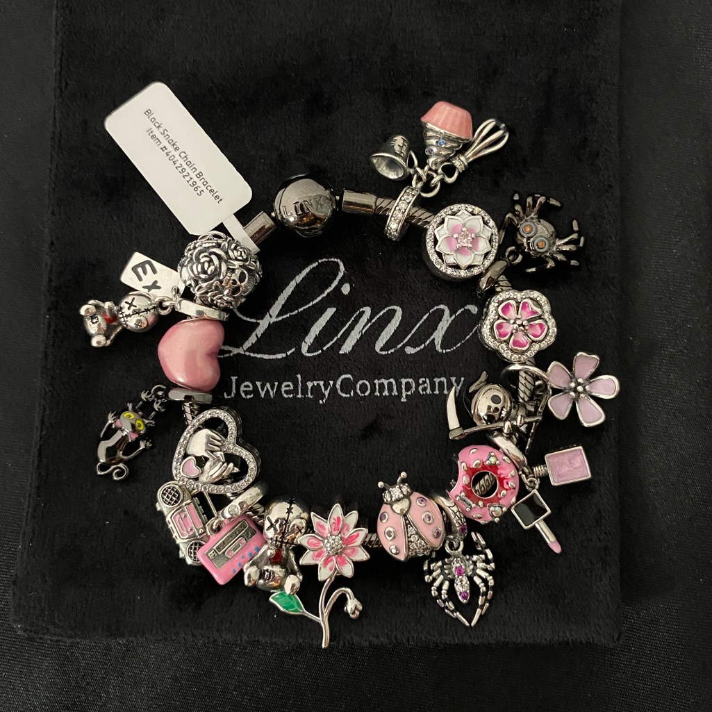Linx Black Snake Chain Bracelet With Pink And Black Themed Charms